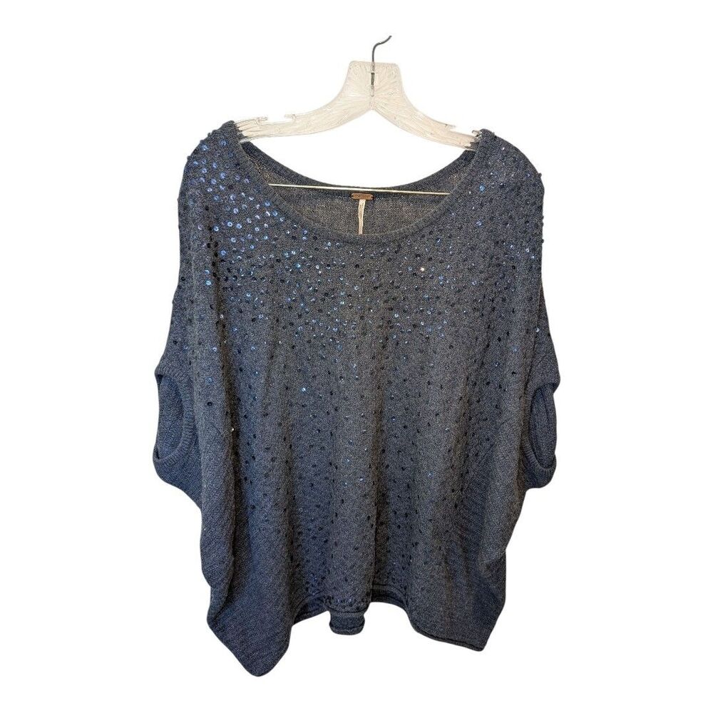 Free People Navy Sequins Boxy Batwing Sweater Poncho S Shimmer Boho Fall Winter